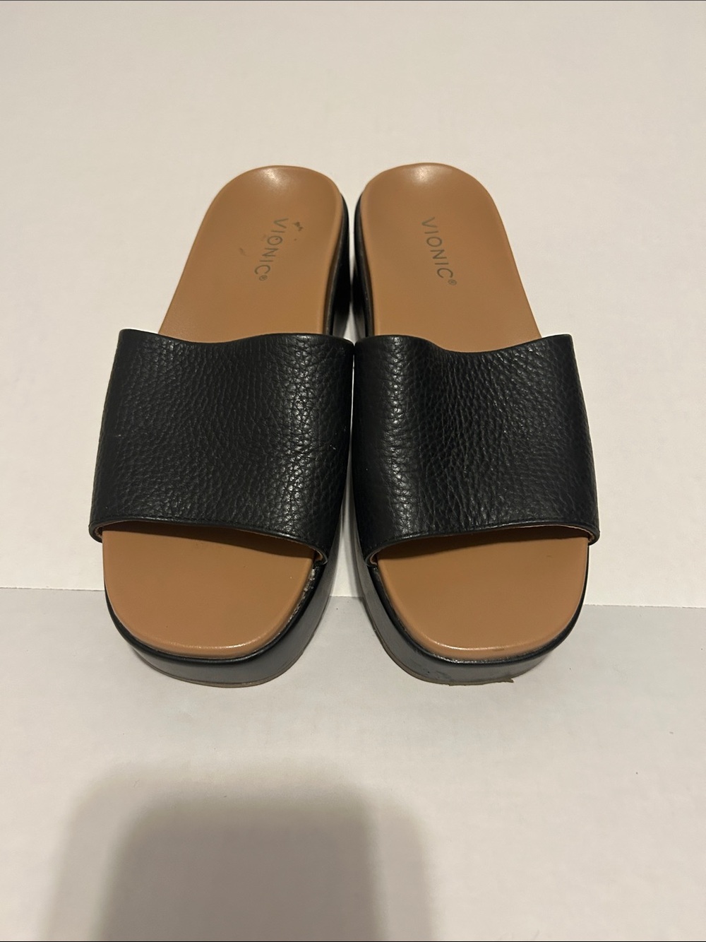 Vionic Black Leather Slide Mules with Tan Footbed